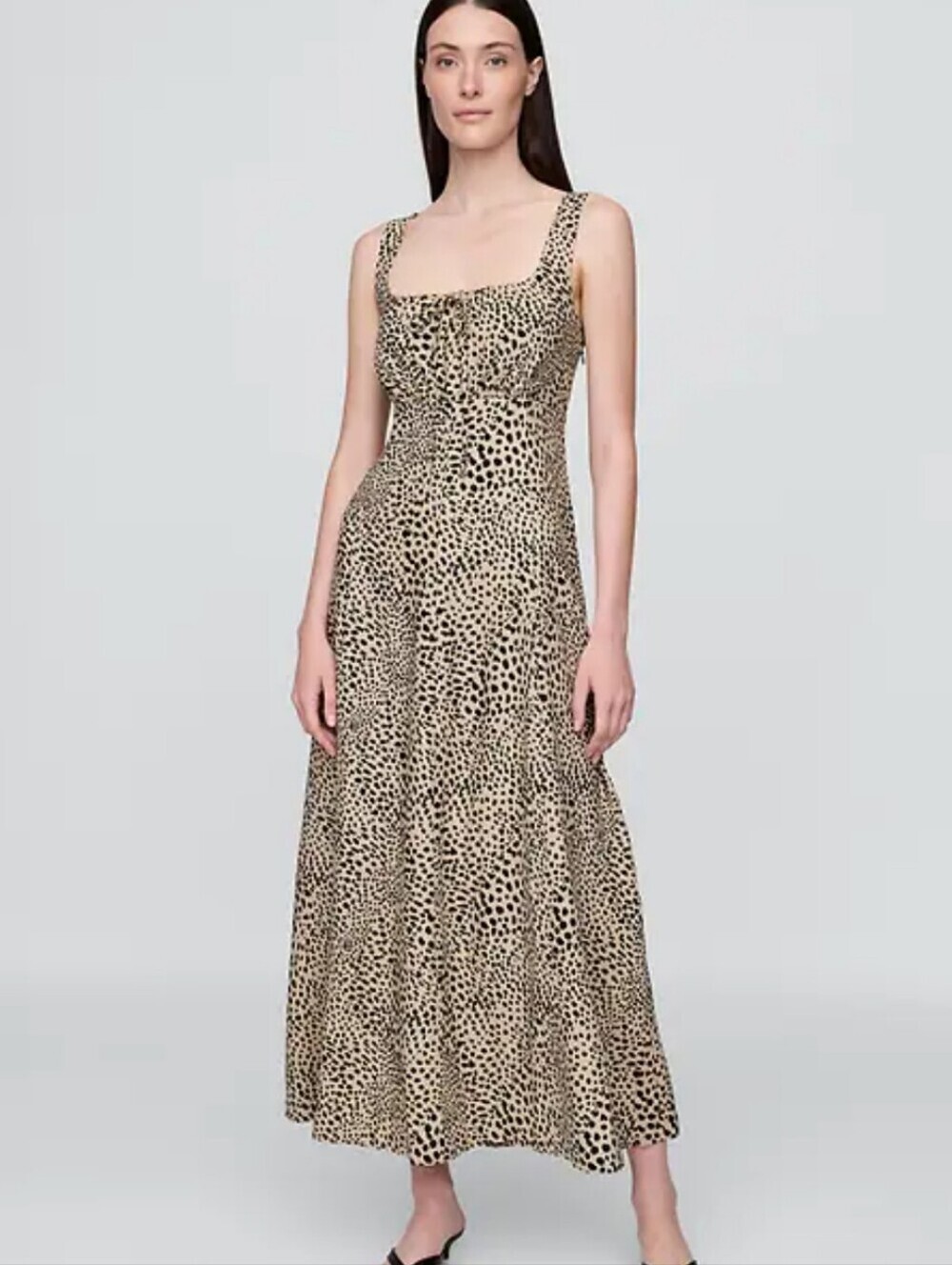 GAP Linen Blend Tie Front Beige Leopard Print Maxi Dress